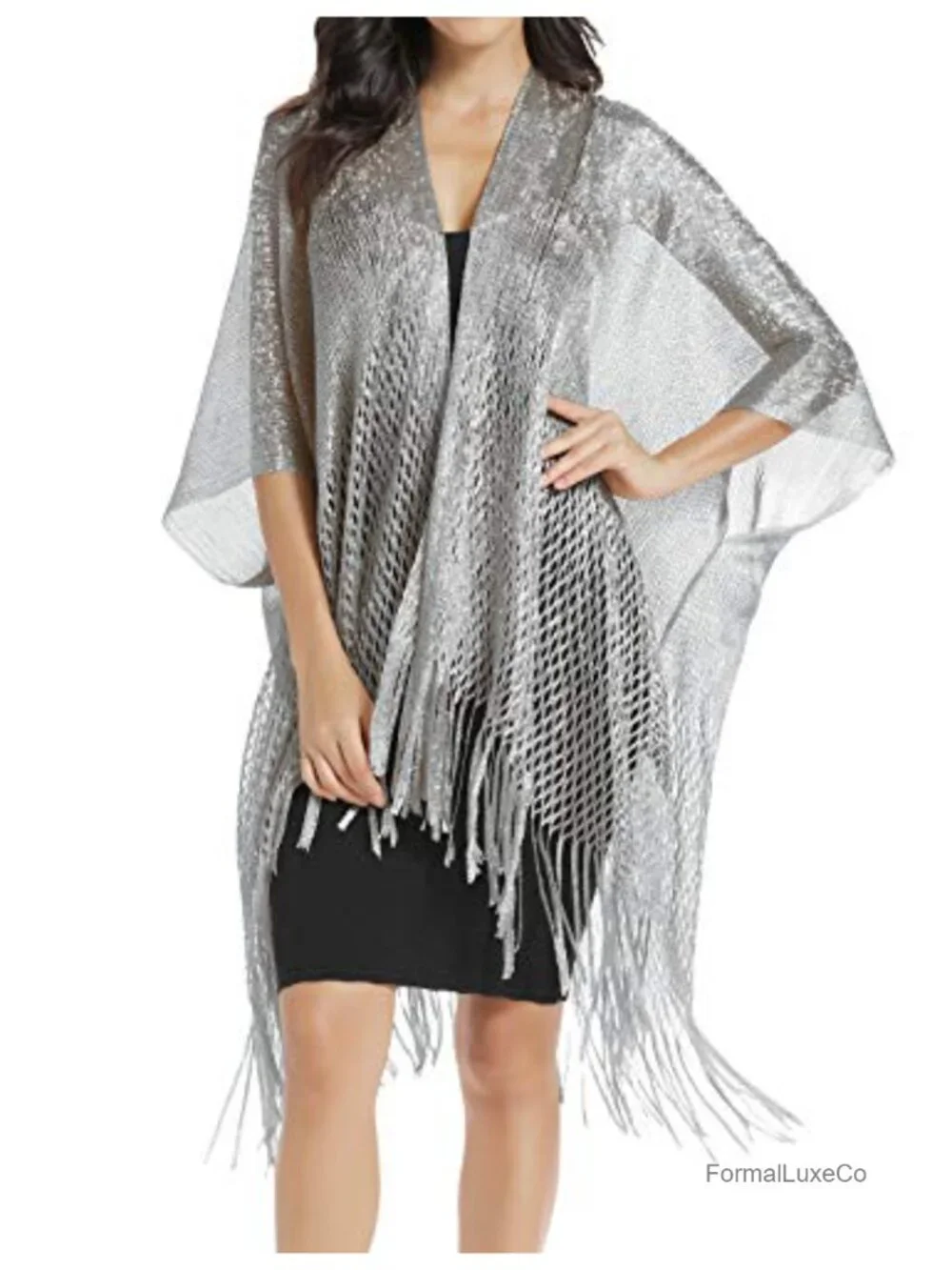 Women's Sequin Fringe Evening Shawl Wrap, Sparkly Formal Cardigan, Metallic